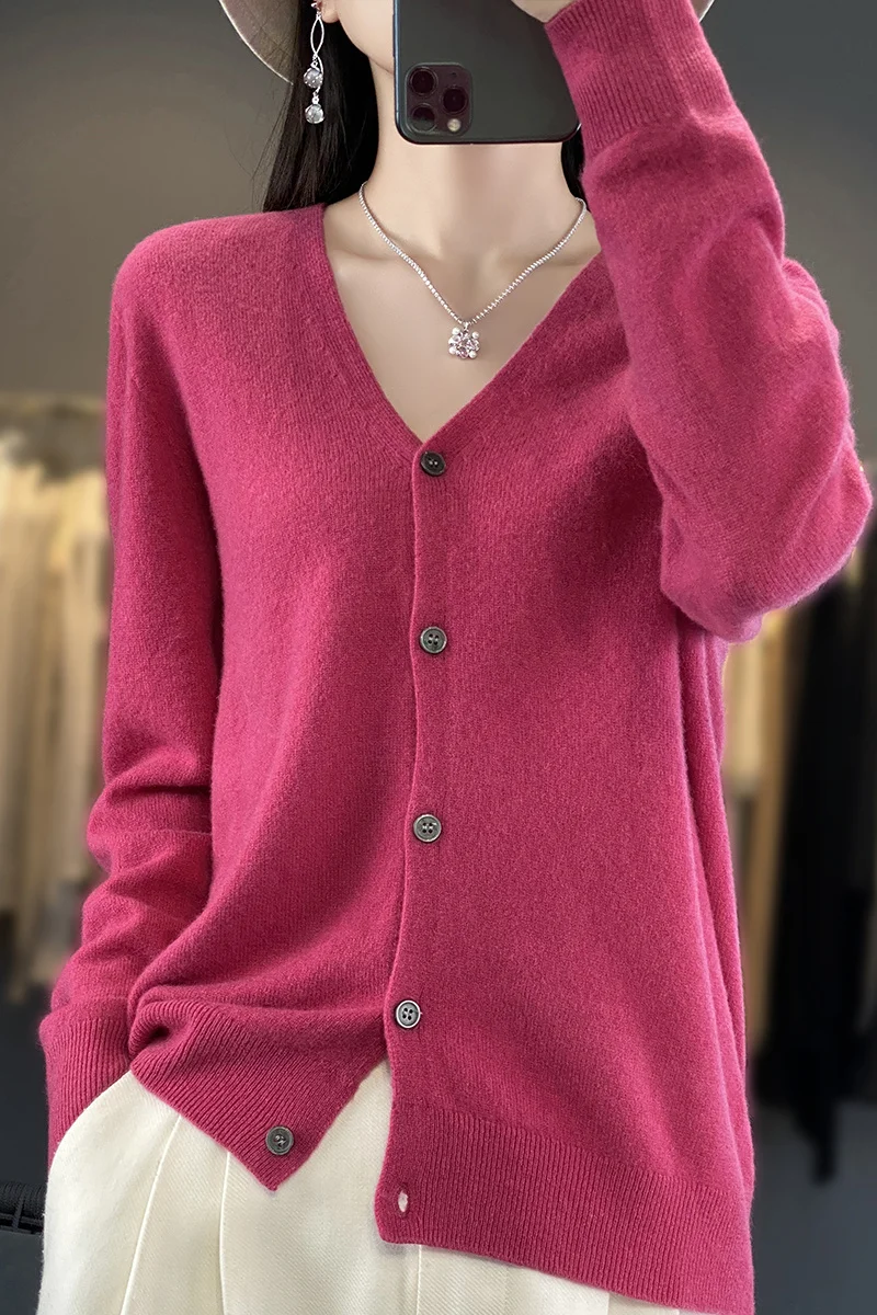 Tloml outono inverno feminino com decote em v lã cardigan básico sólido manga longa camisola de caxemira 100% lã merino malhas femininas topos