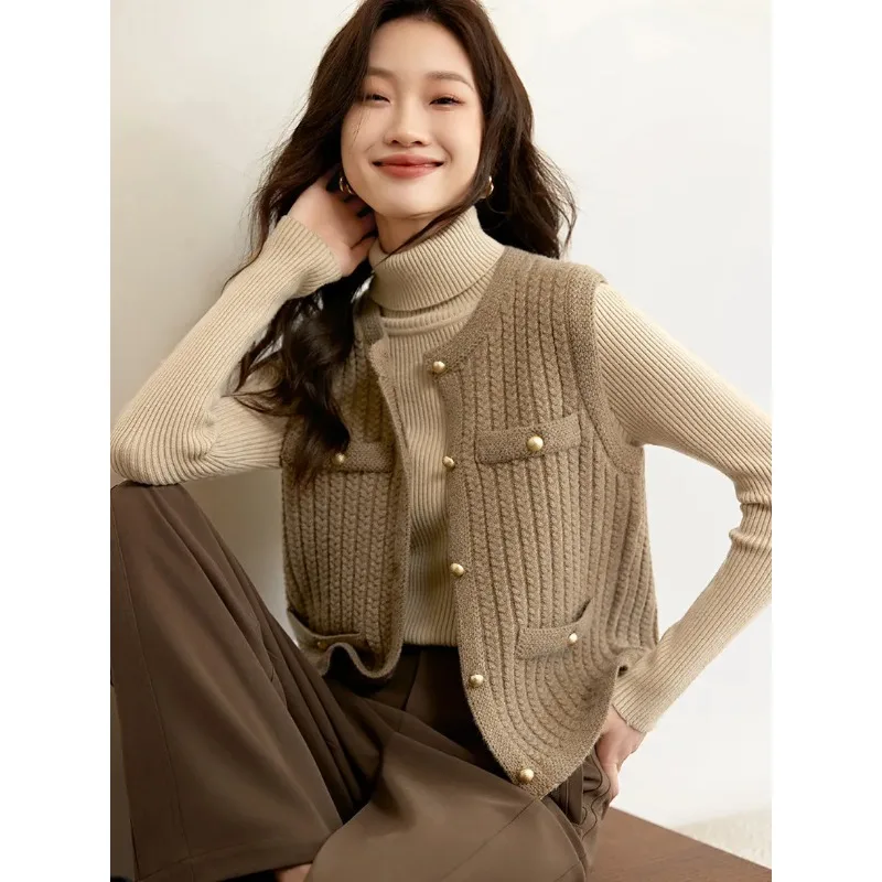 

Knitted Sweater Cardigan Vest Women's Loose Sweater Coat Solid Color Button Round Neck Fashion Top