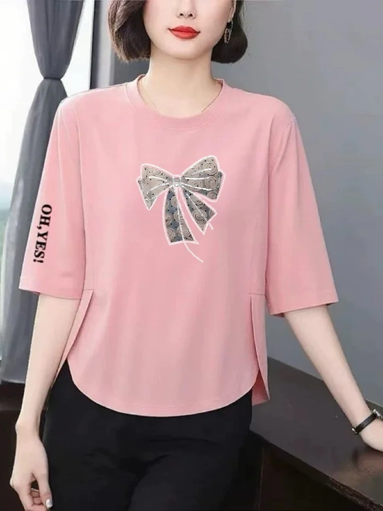 

Elegant Knot Print 7/8 Sleeve T-Shirt Women Loose Slimming Concealing Anti-Aging Mom Top Breathable Polyester Fiber