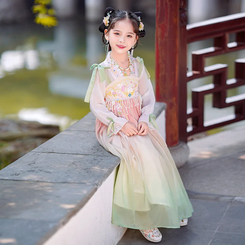 

2023 Summer New Cute Children Hanfu Vintage Kids Girls Dress Chinese Traditional Folk Dance Costume Ancient Outfit Cosplay