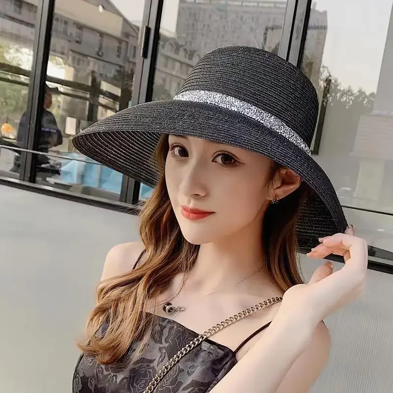 Summer Large Sun Shading And Sun Hat, Fashionable Vacation Beach Mesh And Straw Woven Patchwork Sun Hat Spring And Summer