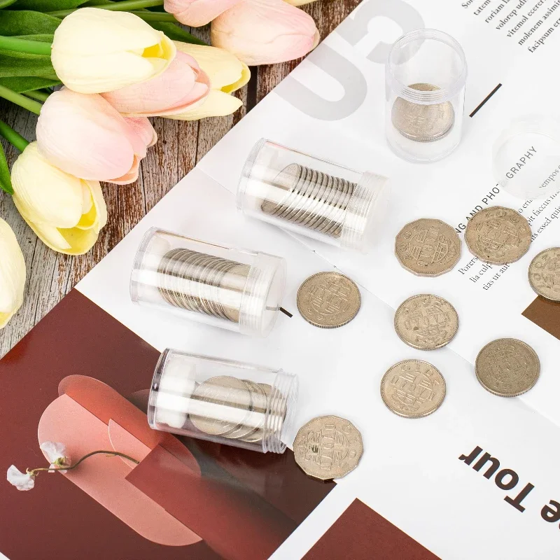 1 buah tabung koin bulat bening tabung koin plastik dengan tutup sekrup dan bantalan busa pelindung tahan guncangan untuk persediaan pengumpulan koin