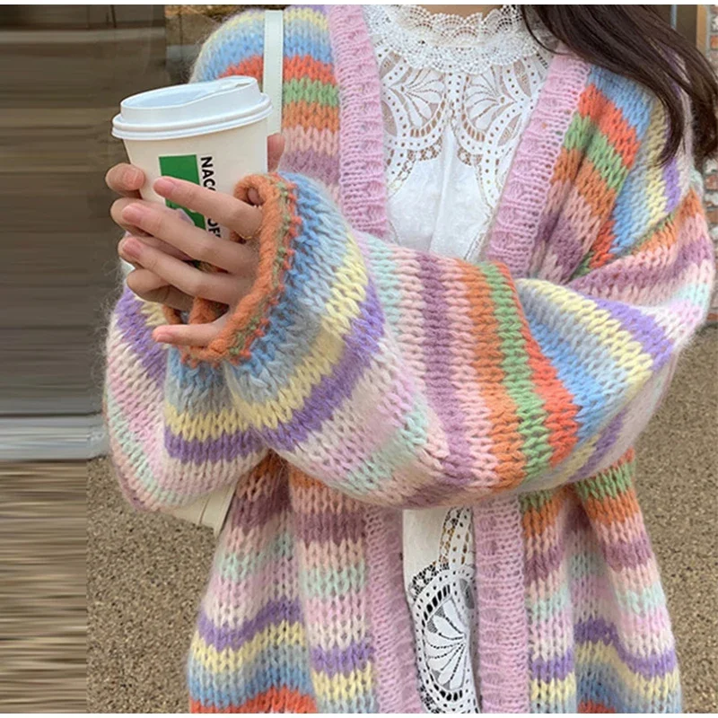 Übergroße Gerippte Strickjacken für Damen Süßer V-Ausschnitt Laternenärmel Paneelierte Lose Strickwaren Schicke Bürodamen-Pendlerjacken – Detail 1
