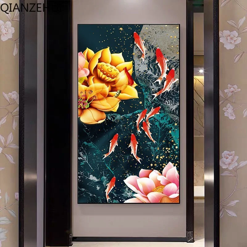 

DIY 5D full Diamond Embroidery,Round Diamond beads Vertical Version Nine Fish Living room decoration rhinestone Diamond painting