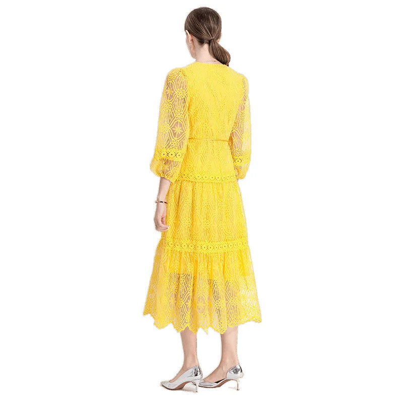 Vestido E de Renda com Decote em V e Mangas Lanternas, Vestido Longo com Botão Único, Estilo de Casaco de Verão Reforçado