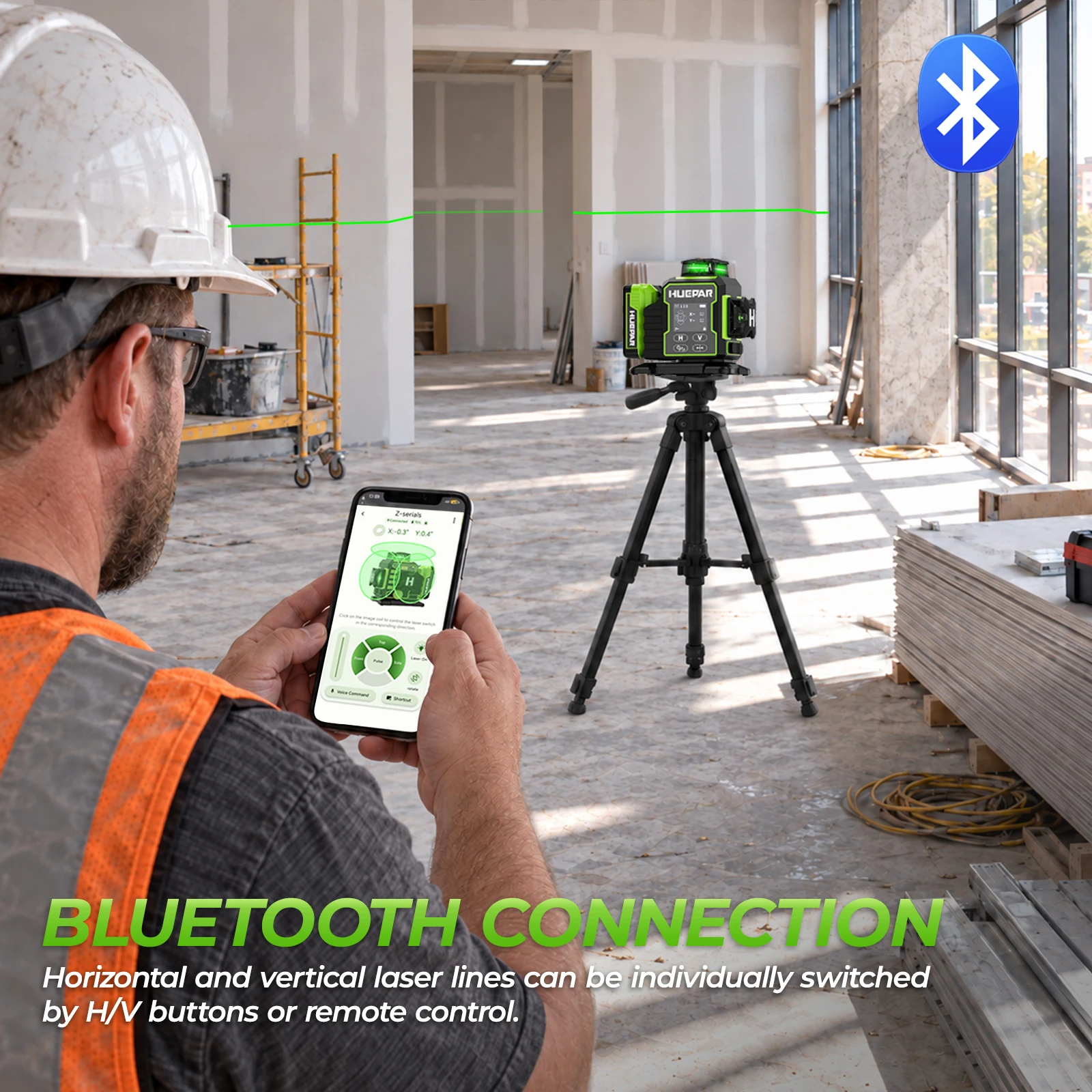 Huepar W03CG Laser-Wasserwaage, 3 x 360 selbstnivellierend, 3D-Bluetooth-Laser mit 12 Linien, elektrisch drehbarer Basis und großem LCD-Bildschirm – Detail 2