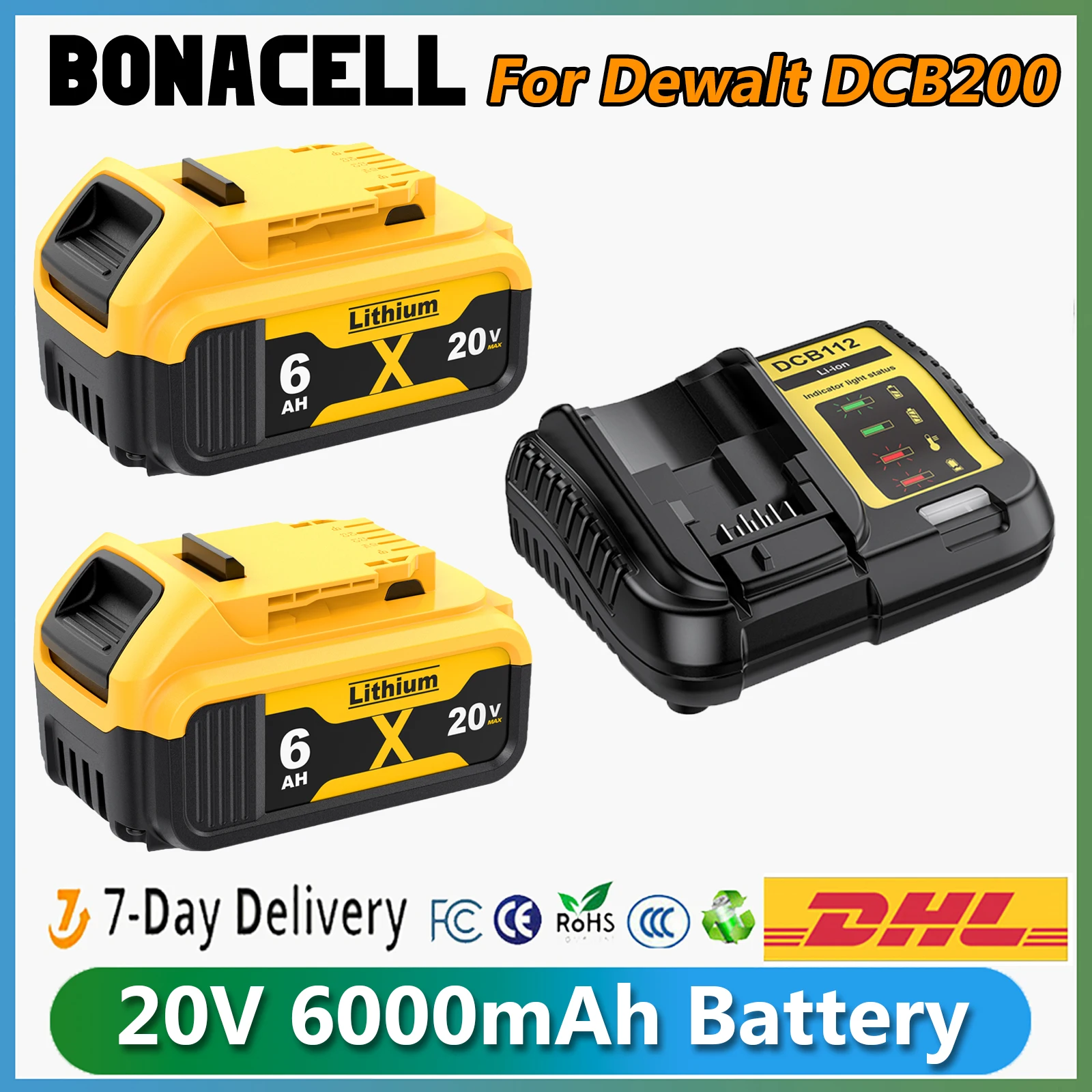 For Dewalt DCB200 Battery 20V 6000mAh Replacement Li-ion Battery With 4A Charger DCB609 DCB206 DCB209 DCB205 Power Tool Battery