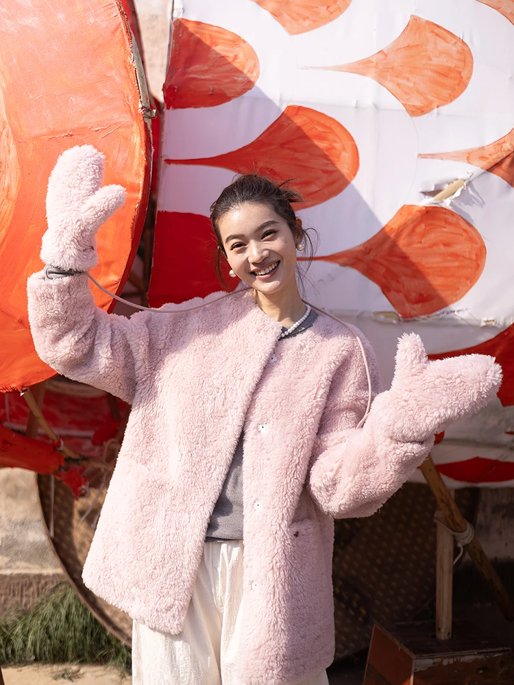 

Warmth Pure Woolen Coat Lamb Fur Collar Loose Long Sve round Ne Spring Blossom 024 Women's Faion Commute Thi Winter ...