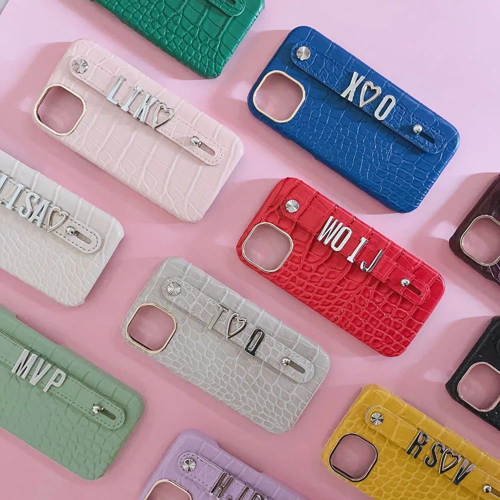 

Custom Name Strap Leather Phone Case For iphone 16 14 15Pro Max 14Plus 13 Pro max 13 12 11 Pro Silver Metal Letters Charm Cover