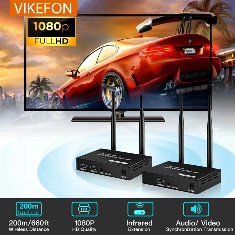 VIKEFON 1080P 200M 5.8GHz Wireless HDMI Transmitter Receiver Extender with IR HDMI Loop-Out For TV 1 TX-4 RX Audio Video