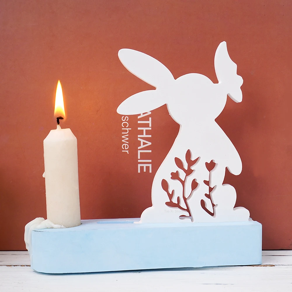 DIY Rabbit Kiss Butterfly Candle Holder Mold Easter Bunny Silicone Molds Plaster Concrete Resin Candlestick Making Home Decor