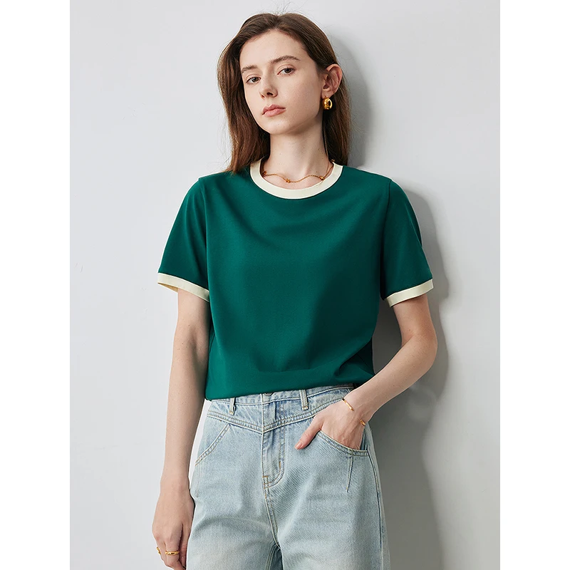 TOYOUTH Women T-shirt 2024 Summer New Contrasting Casual Round Neck Short Sleeve 5A Antibacterial Tops