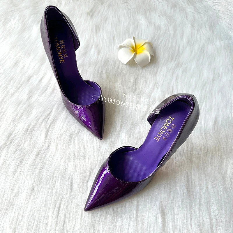 Deep purple side hollow pointed ultra-fine 12cm high heel single shoe, side hollow mirror, shallow mouth exposed toe single shoe
