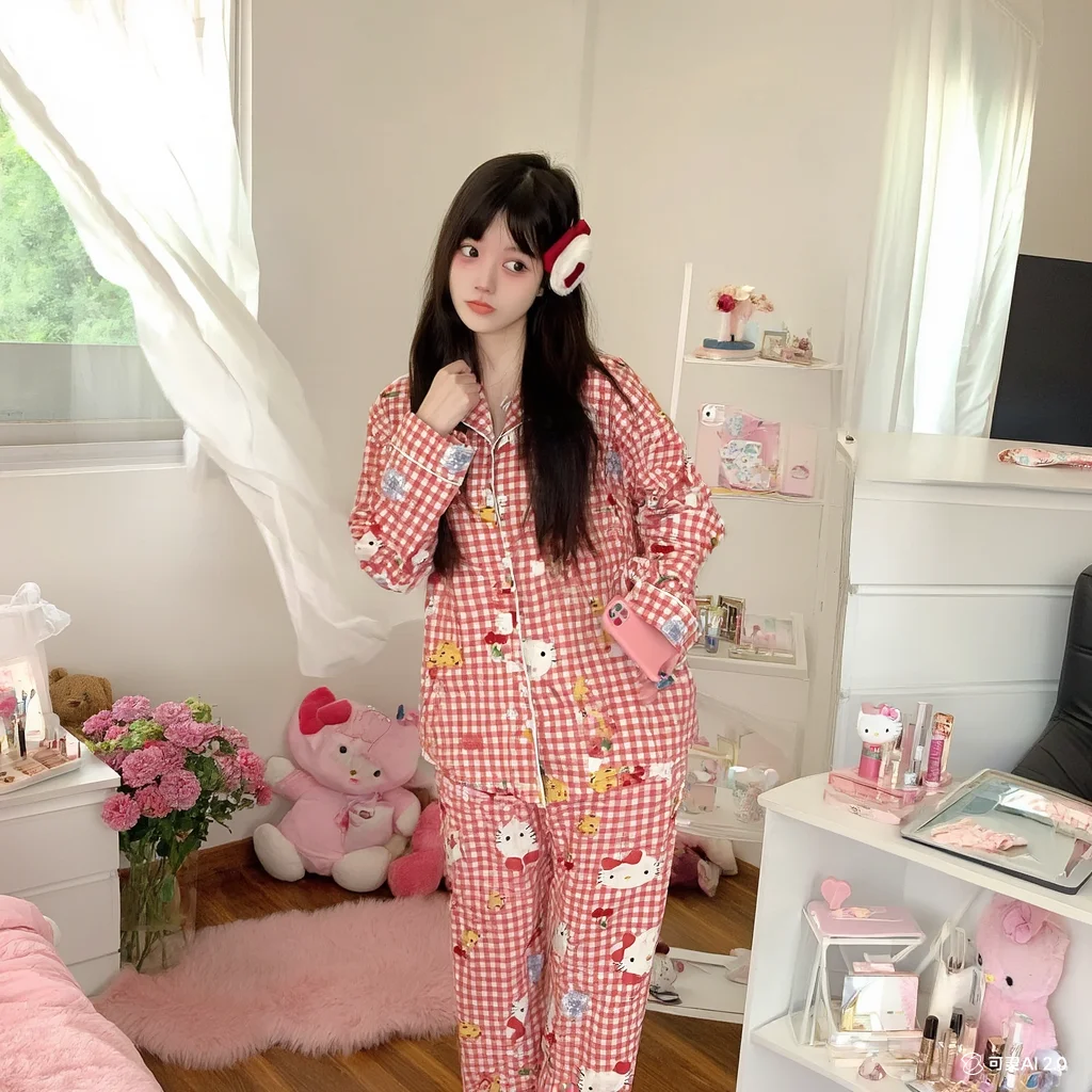 

Cute Girl Lattice Fresh Cute Kawaii Sweet Hello Kitty Spring Autumn Long Sleeves Sanrio Loose Leisure Exquisite Home Girl New