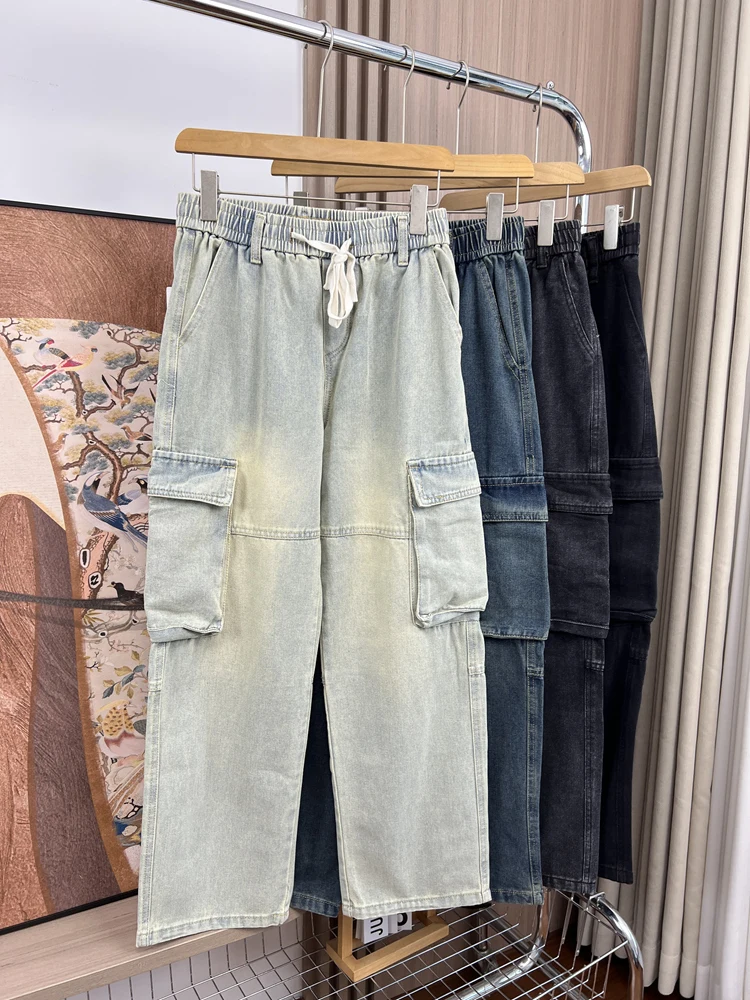 

Men's Multi Pocket Cargo Jeans Elastic Waistband Loose Fit Autumn Denim Pants American Casual Fashion Washed Retro Male Trousers