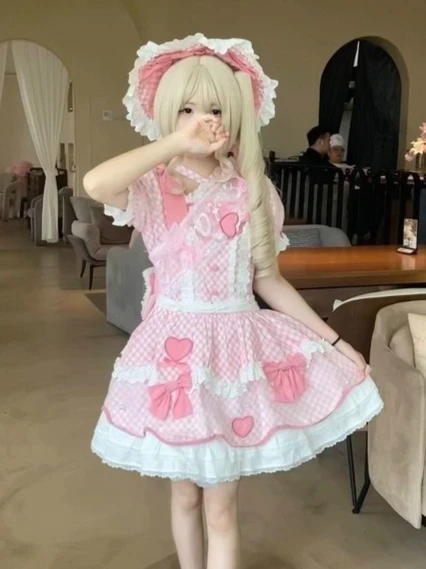 

Sweetheart Girl Cute Lolita Evening Dress Birthday Party Puff Dress Cartoon Embroidery Puff Sleeve Slim Plaid Dress for Women