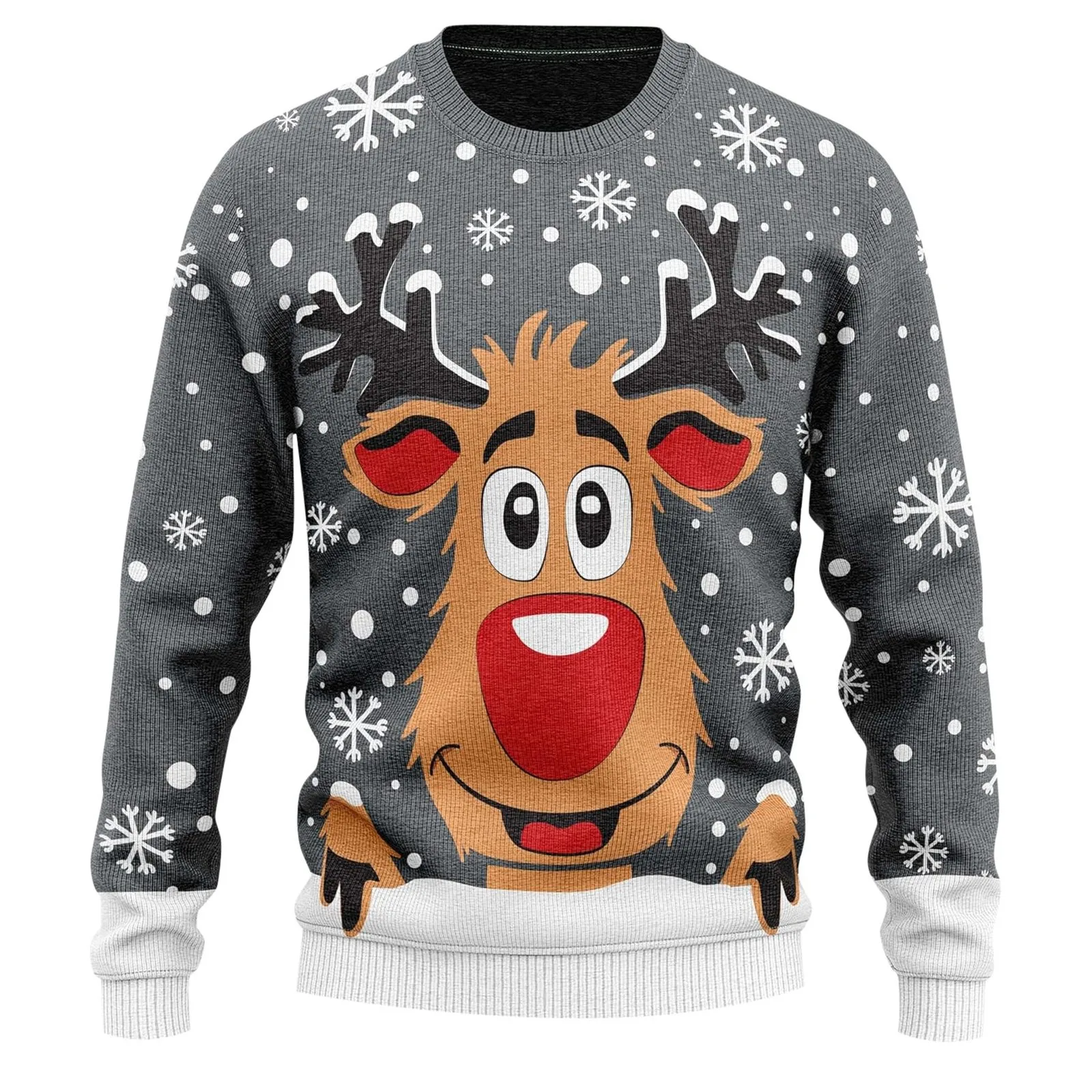 Ugly Christmas Sweater Men Knit Pullover Sweater Reindeer Print Crew Neck Long Sleeve Jumpers Top Stylish Xmas Gift Men Sweater