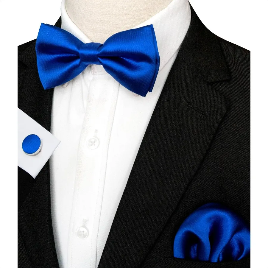 Mens Solid Color Pretied Bow Tie and Pocket Square Cufflink Set