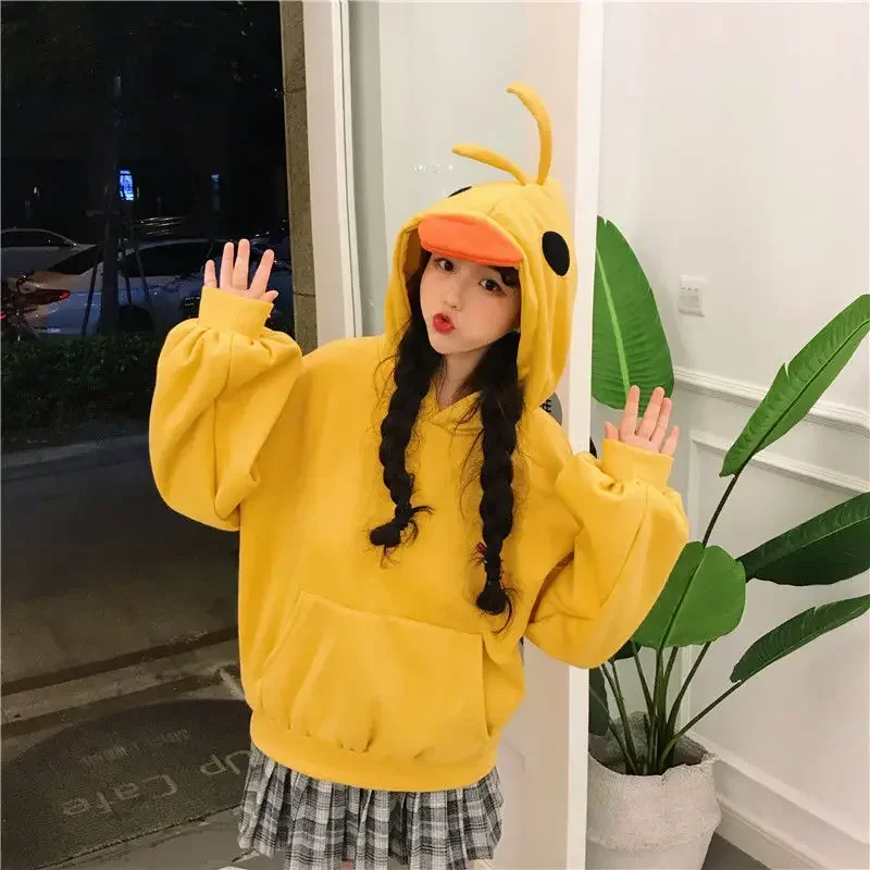 Pato hoodies feminino manga longa bonito topos 2024 novo inverno amarelo casual pulôver kawaii macio menina harajuku hoodie feminino outono