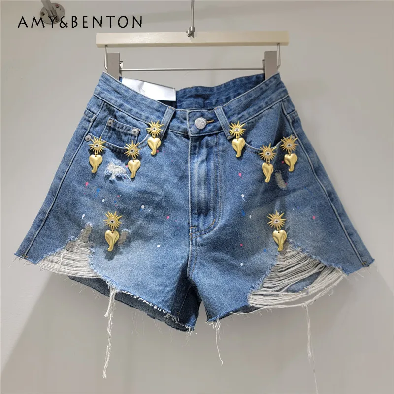 

2026 New Summer A-line Wide Leg Denim Shorts European Style High Waist Slim Design With Metal Accessories Short Pants For Ladies