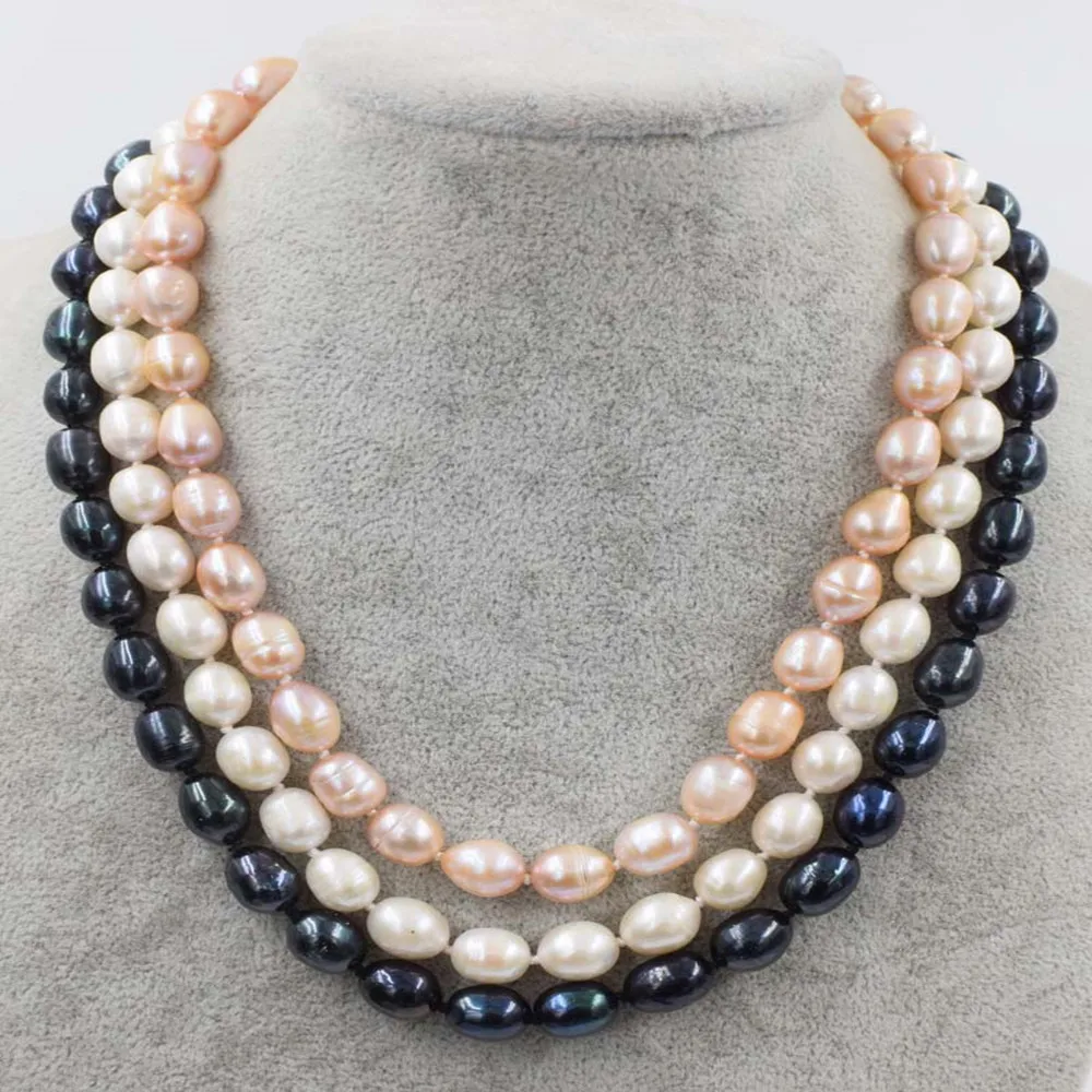 Hand knotted 3 row necklace natural 9-10mm white black pink freshwater rice pearl sweater chain nearly oval pearl 17-19inch