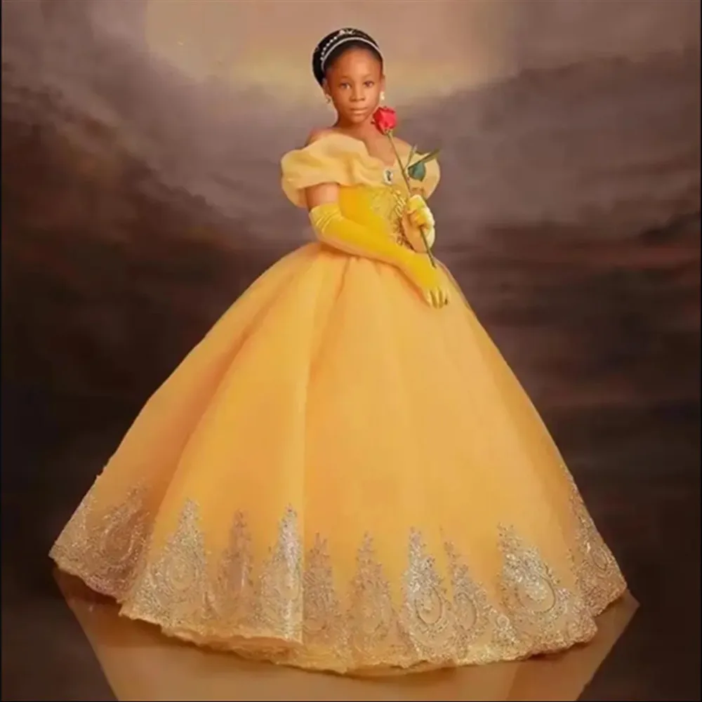 

Elegant Flower Girl Wedding Dress Off Shoulder Appliques Lace Princess Birthday Party Dress Child Kids First Communion Gown