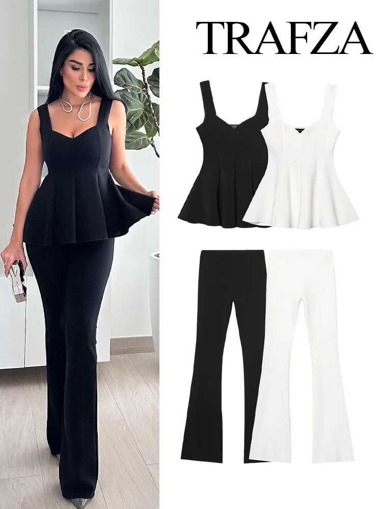 

TRAFZA Women Solid Pants Suit Chic Hem Folds Sleeveless Slim Wide Shoulder Strap Top+Casual High Waist Elasticity Flare Trousers