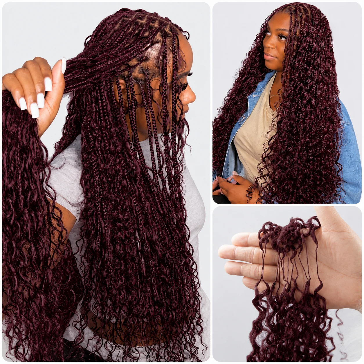 Extensions de cheveux humains bouclés en crochet couleur bordeaux avec nœuds miracle pré-bouclés pour tresses bohèmes, aspect naturel et doux