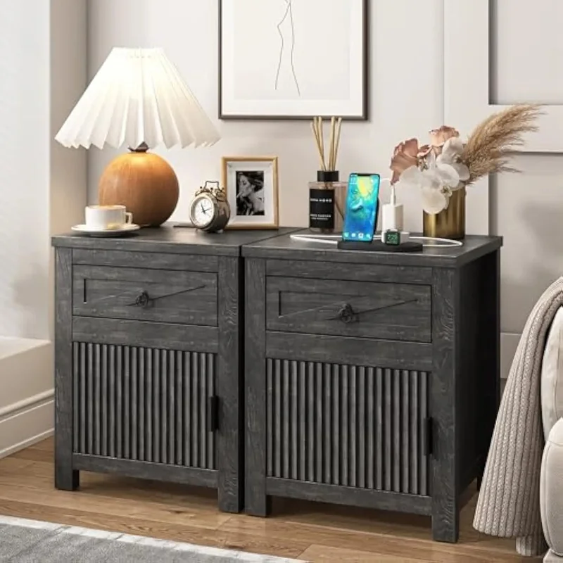 Black Fluted Nightstands Set of 2 with Charging Station, Drawer, Storage - Small Bed Side Table End Table Mod
