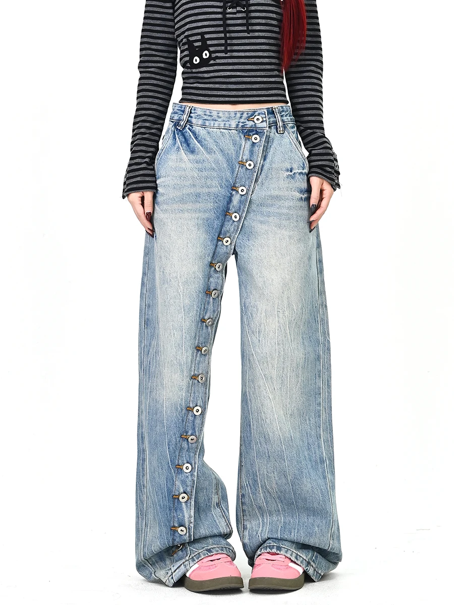 

Waed Denim Jeans Women's Spring New American Street Sle Side Button Long Pants Casual Loose Fit l Waist Jeans