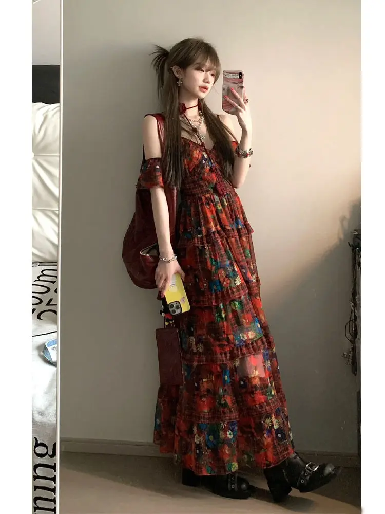 Summer Dress for Women New High-end French Retro Style Advanced Designed Niche Temperature V-neck Suspender Floral Dress