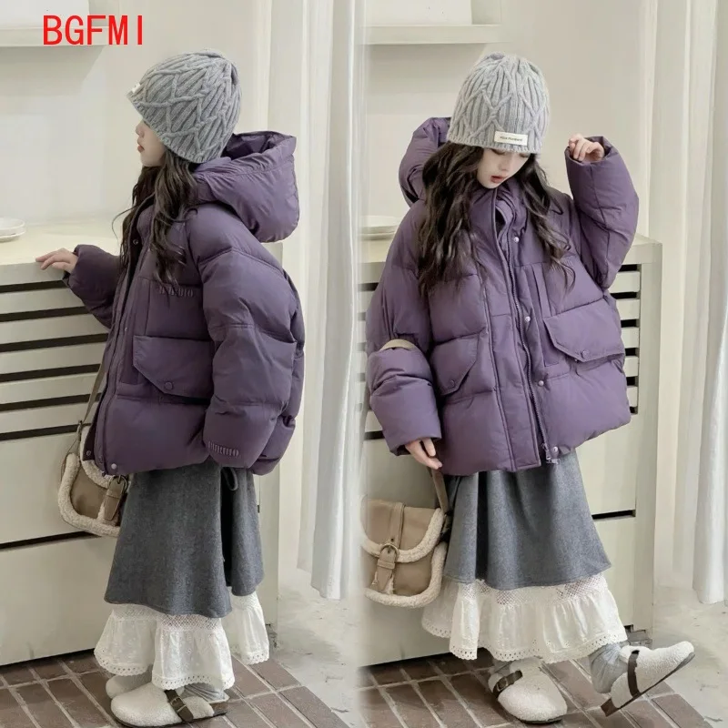 

2025 зимний новый модный повседневный халат для девочек, пальто на каждый день, однотонные утепленные парки с капюшоном и хлопковой подкладкой для детей 4–14 лет