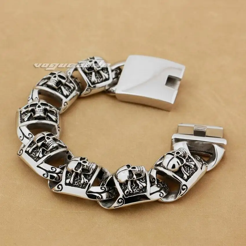 Stainless Steel Huge Heavy Pirate Skull Bracelet Biker Punk Link Chain 5T002
