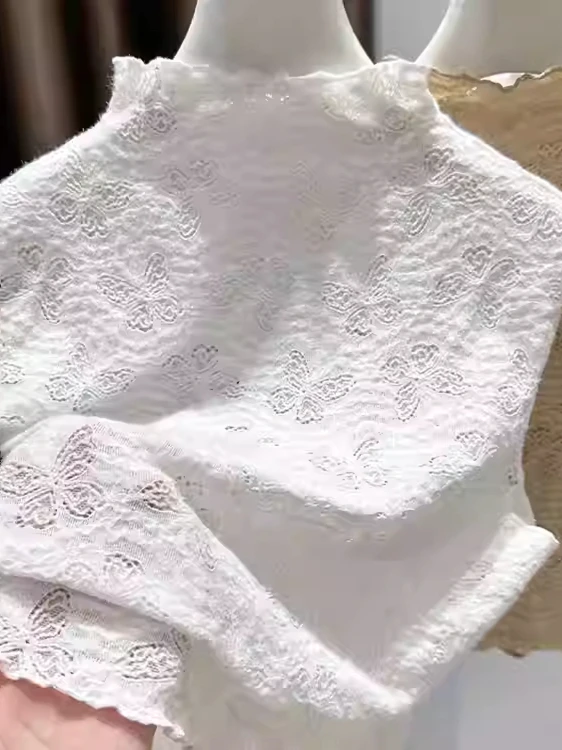 

Кружевная блузка Ele с высоким воротником и манжетами, женская базовая основа с эластичной резинкой на талии и рисунком, нейлоновая F...