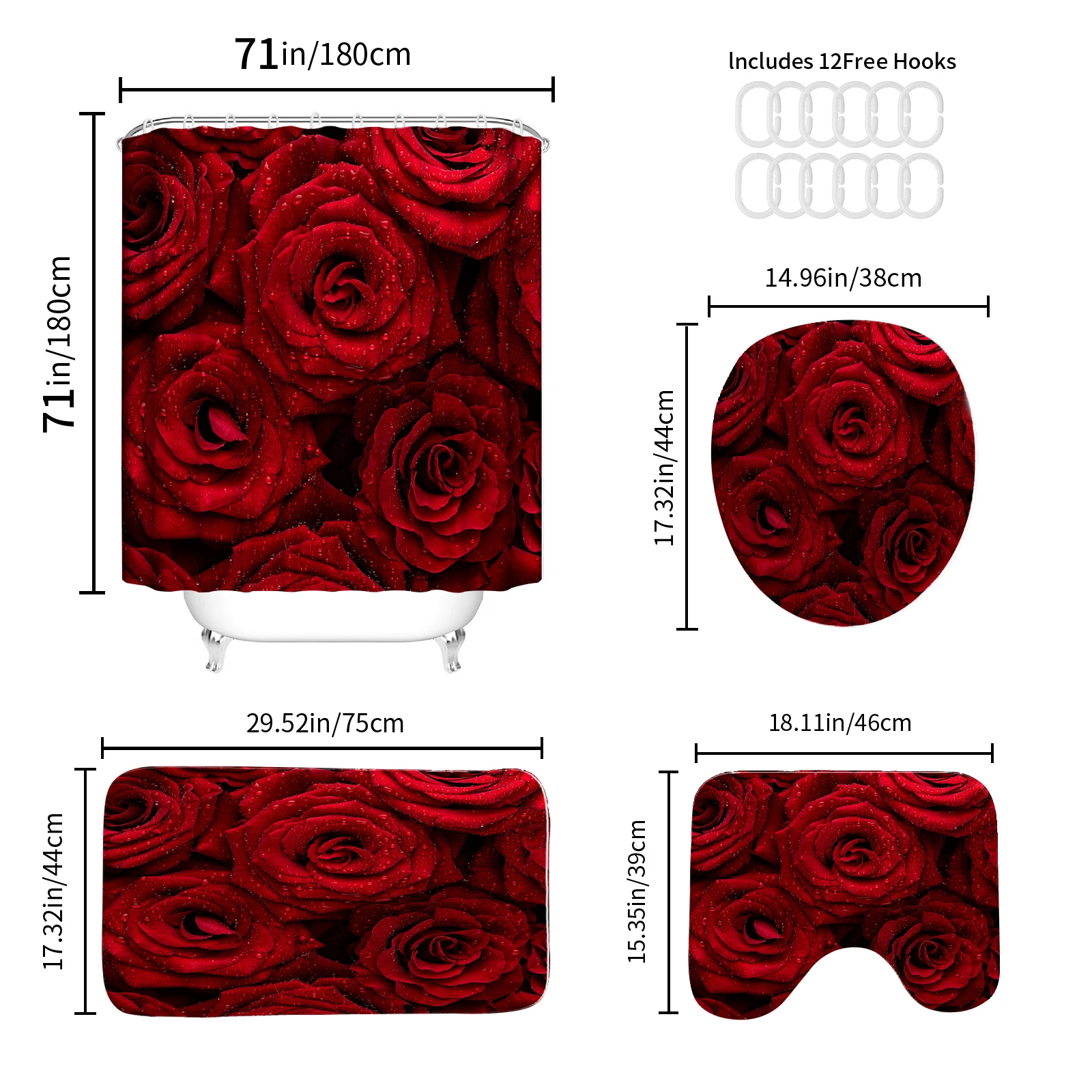 Blooming rose print shower curtain modern waterproof shower curtain polyester home décor bathroom curtain with hook