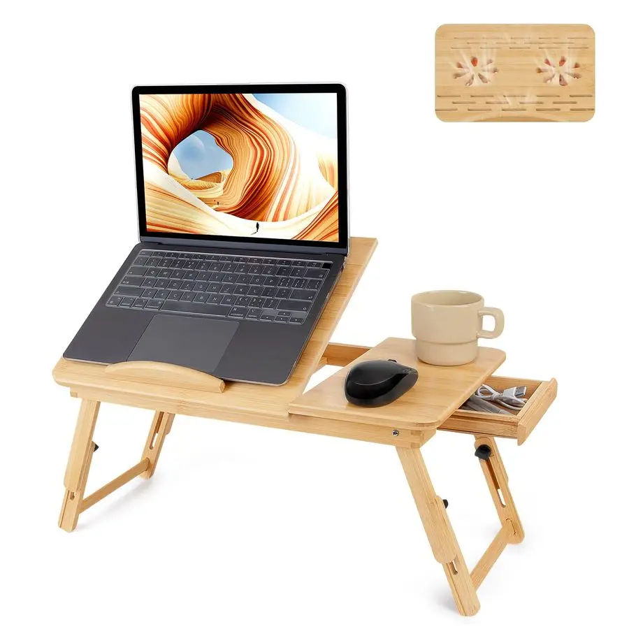 

Laptop Desk, Adjustable Foldable Bed Tray Table for Bed, Sofa, and Floor, Portable Lap Desk with Tilting Top amp Drawer for Writ