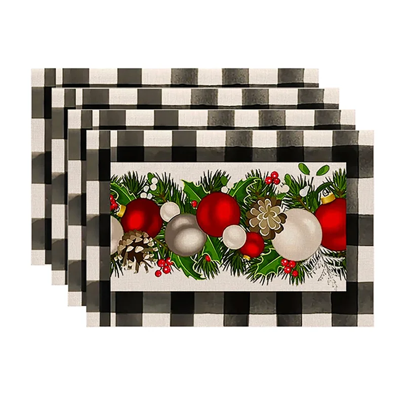 

B08B-4PCS Xmas Trees Snow Pink Christmas Placemats Winter Table Mats For Kitchen Dining Decoration