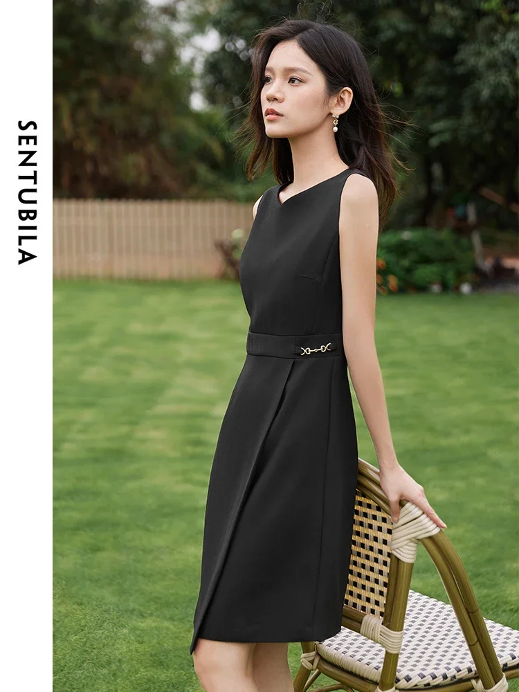 SENTUBILA Asymmetrical Fitted Black Dress for Women 2024 Elegant V Neck Unlined A-line Sleeveless Tank Dress Summer 142L54294