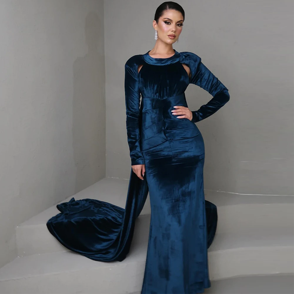 

Mermaid Formal Velour Evening Dress O-Neck Long Sleeves Customized Special Occasion Gowns Simple Open Back Homecoming Dresses