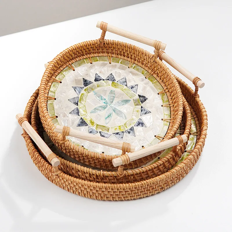 Candy Fruit Dessert Plate Tea Tray Weaving Rattan Storage Tray Colorful Shellfish Snack Storage Basket Home Decoration