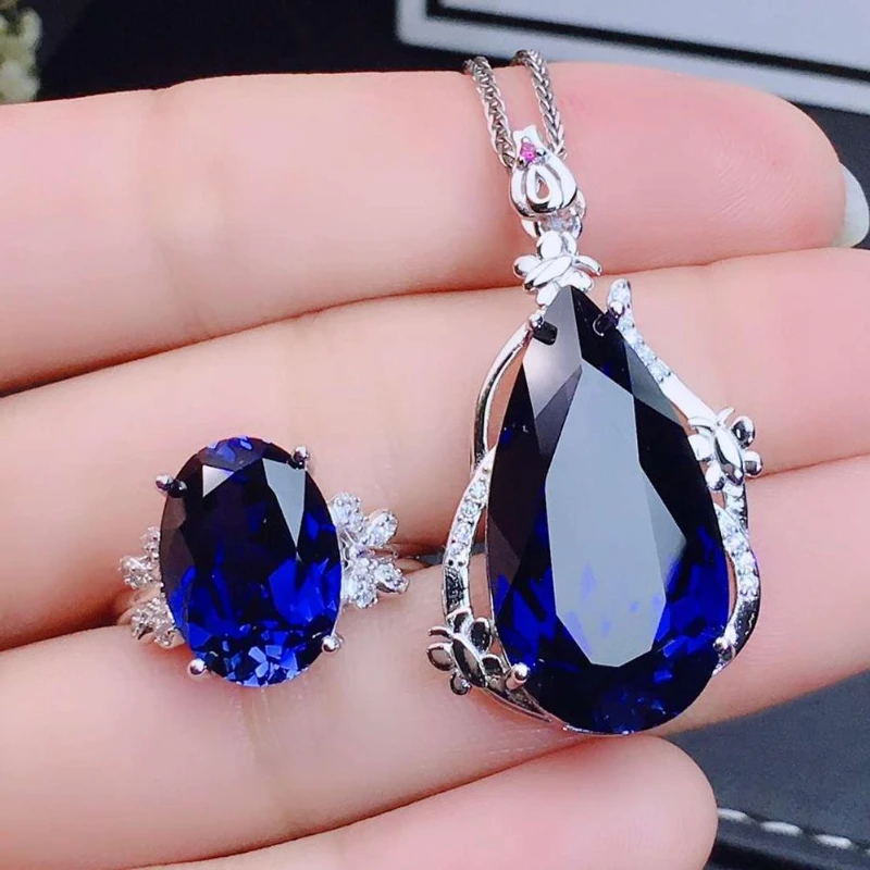 

Fine Jewelry Natural Sapphire 925 Sterling Silver Women Gemstone Pendant Necklace Ring Set Support Test