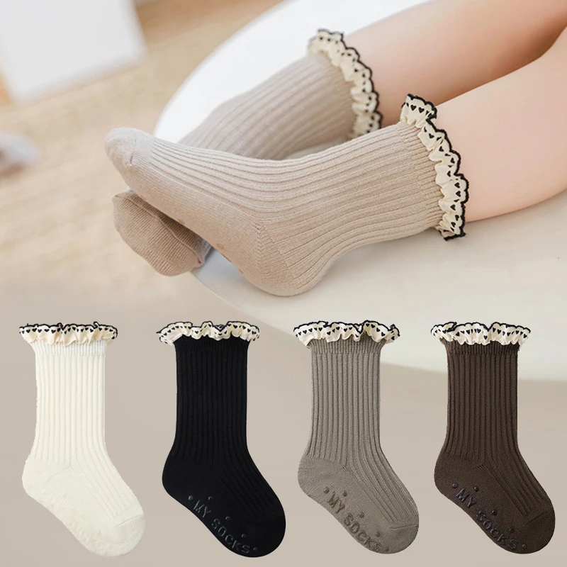 Autumn Baby Mid-Tube Socks Children Lace Princess Socks Vintage Solid Color Kids Crew Socks For Girls Long Tube Socks