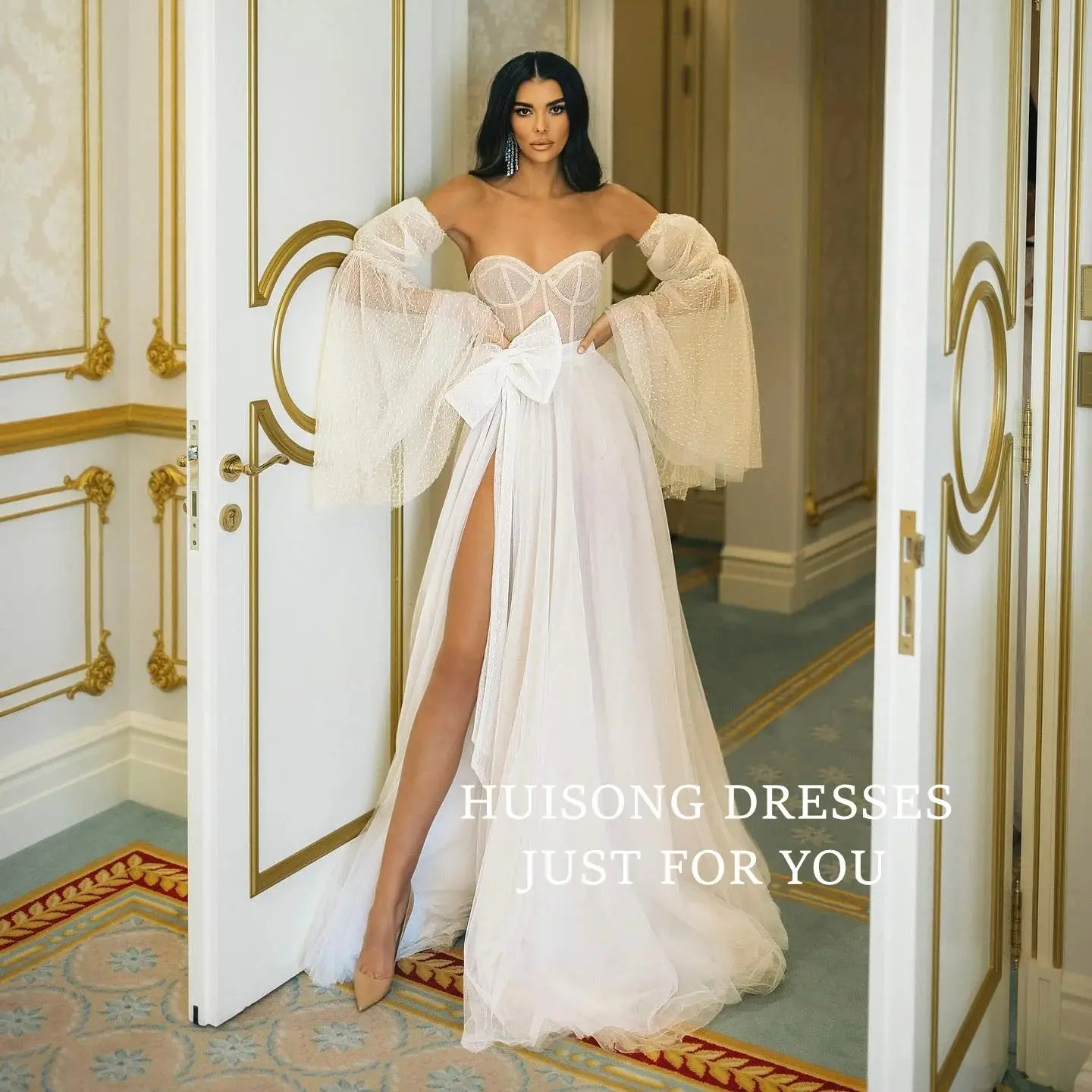 

HUISONG Customized свадебное платье Tulle Wedding Dresses Sweetheart Puff Sleeves Side Split A-Line Beach Bridal Gown שמלת כלה