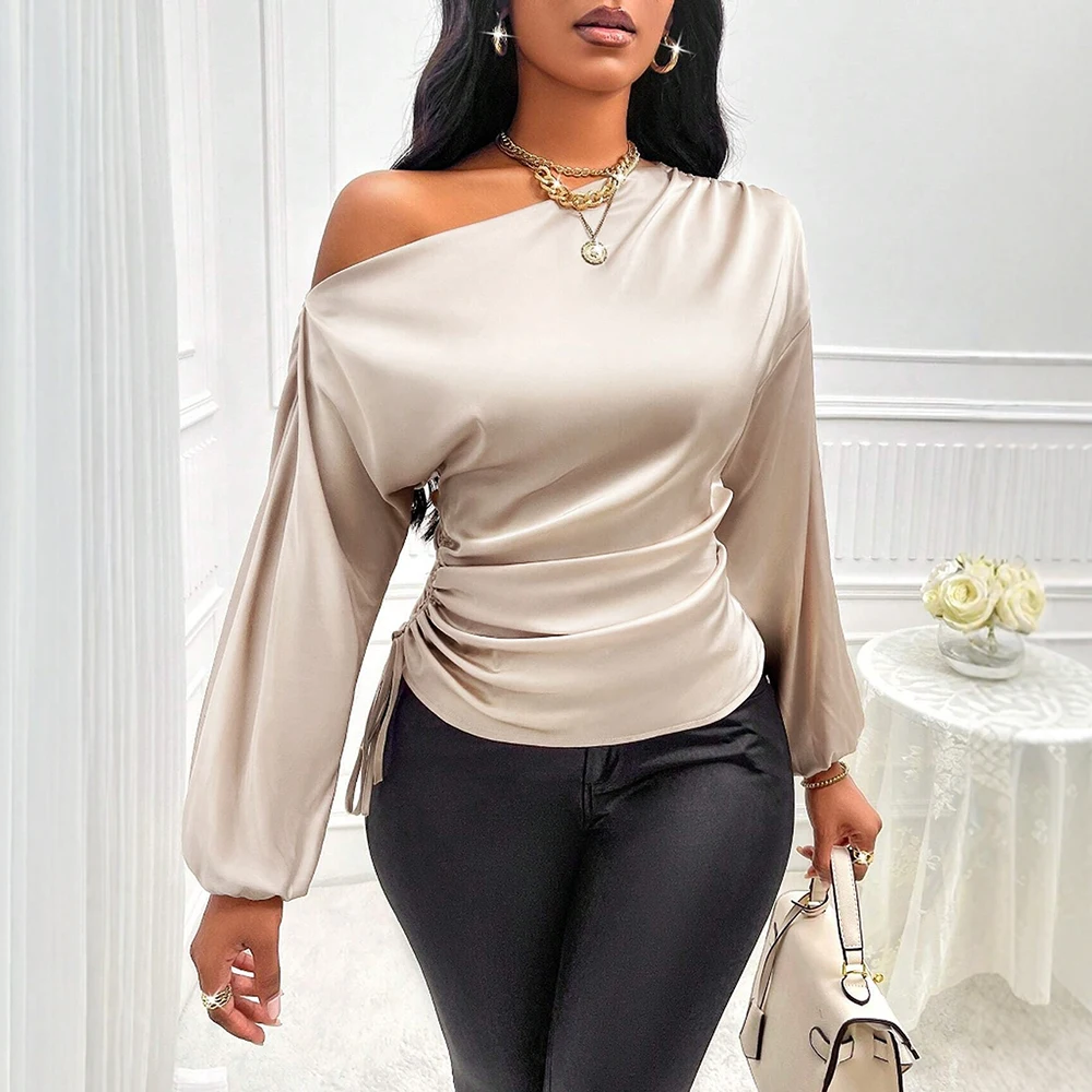 

Blouses Summer Fashion Solid Color Lace-Up Folds Long Sleeve One Shoulder Skinny Fit Blouses For Women
