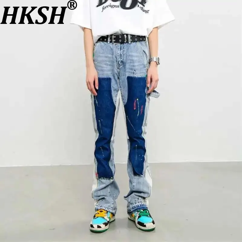 

HKSH Men New High Street Washed Retro Splash Ink Spliced Deconstruction Jeans Ins Straight Leg Casual Denim Pants For Men HK4433