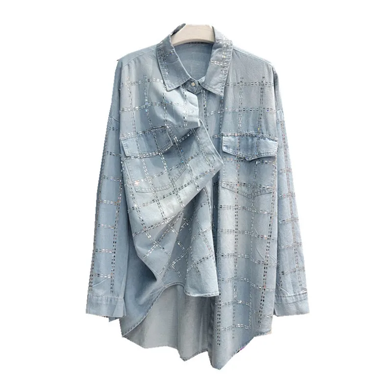 Women's Hot Diamond Denim Shirts Women's 2025 Spring and Autumn New Loose Medium and Long Tops Trendy Solid Color Shirt Jackets