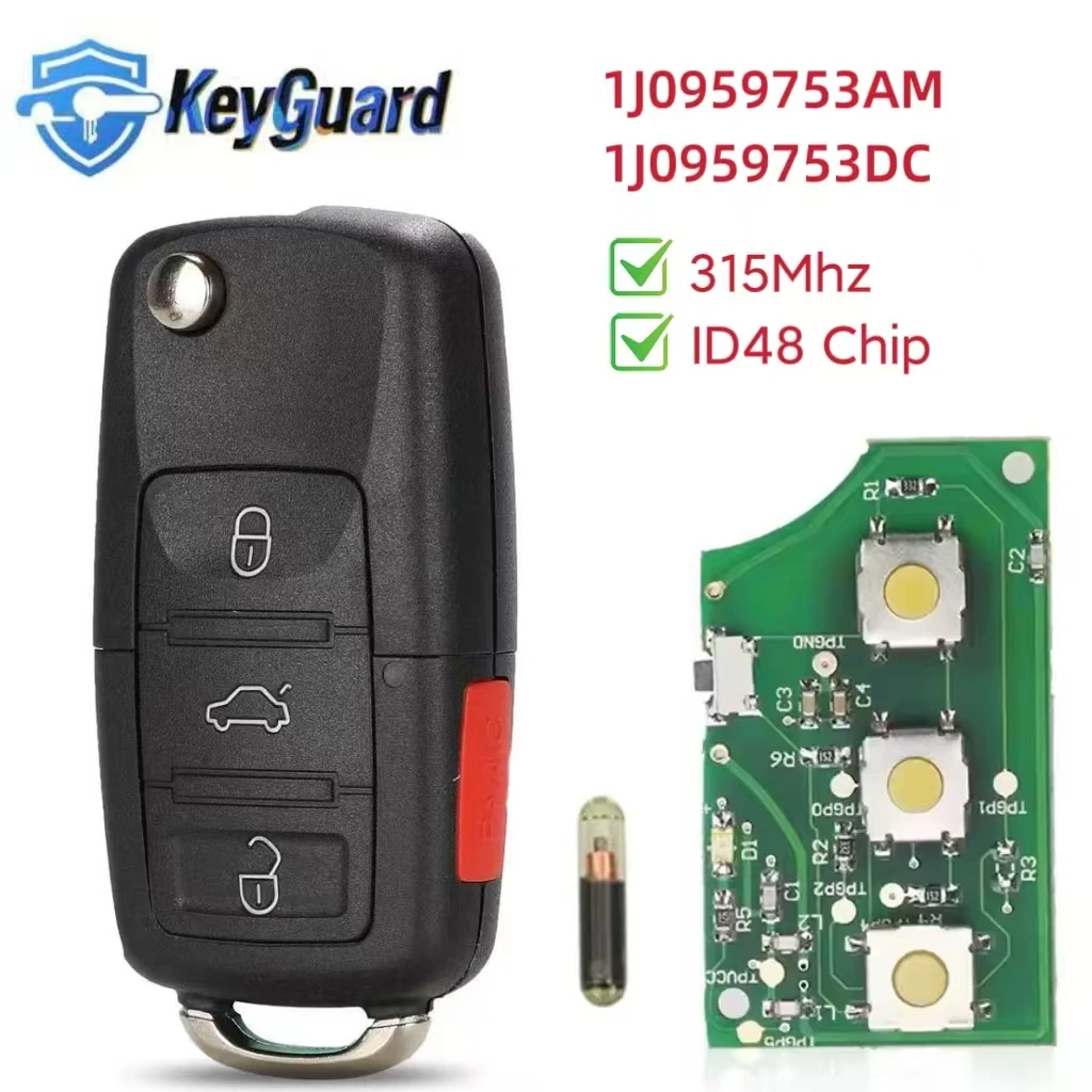 

Keyguard 3+1 Buttons Flip Remote Car Key Fob For VW Volkswagen Golf Jetta Passat HLO1J0959753AM 753DC 315Mhz With ID48 Chip