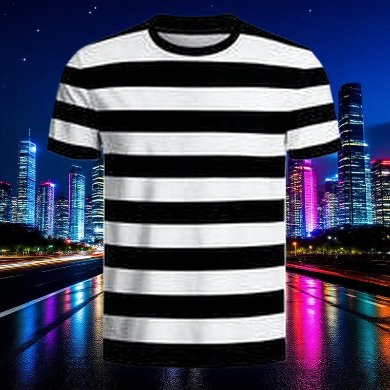 Lässiges Streifen-Kurzarm-T-Shirt, Unisex, Schwarz, Weiß, Blau, Farben, Streifen-Design, klassische T-Shirts, modisches tägliches Street-T-Shirt mit O-Ausschnitt
