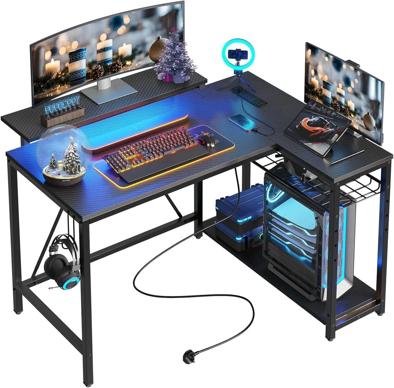 L-Shaped Computer Desk With Charging Port & LED Light, 42 Inch Gaming Workstation For Home Office, Customized