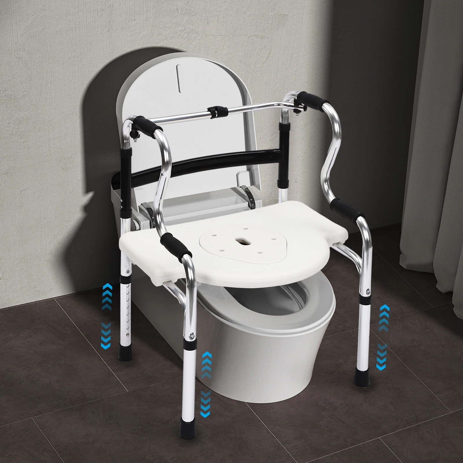 6 in 1 Shower Commode Chair 220lbs Folding Walker Bedside Seat Adjustment Height for Toilet Disabled Pregnant Women Stand Up Aid